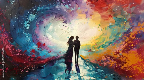 Loving couple standing in a tunnel with colorful splashes of paint