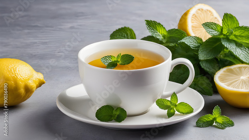 Cup of tea with mint and lemon on a gray background.