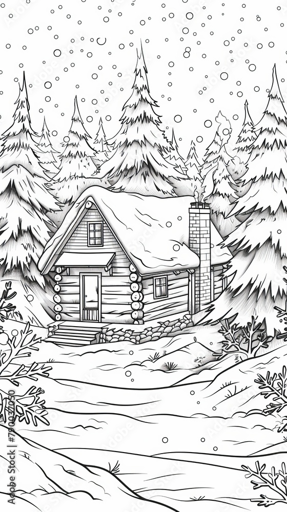 Nature scenes Coloring Book: A simple outline of a cozy cabin in a snowy forest