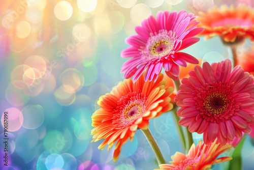 Vibrant gerbera flowers in assorted colors aligned against a blurred green background with soft light bokeh