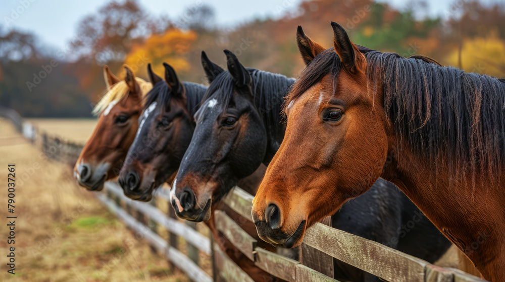 Row of Horses with Diverse Coats Standing Together at Fence in Countryside Row of Horses with Diverse Coats Standing Together at Fence in Countryside