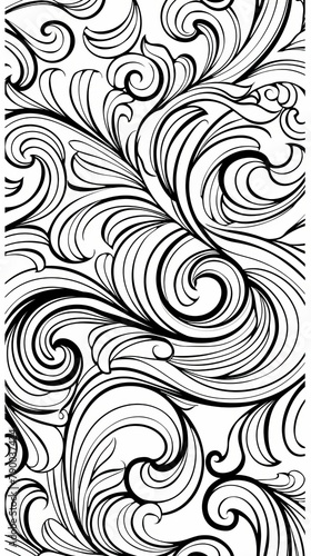 Patterns: A coloring book page featuring an abstract swirl pattern, with elegant curves and loops