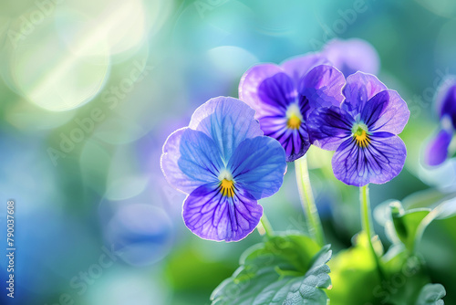 Close-up of delicate purple pansies blooming against a sunlit natural background with sparkling bokeh effect © thanakrit