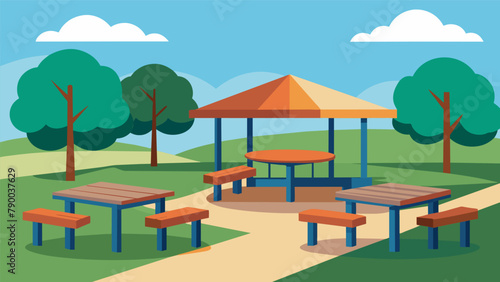 A park with picnic tables that have extended overhangs providing ample space for individuals using wheelchairs.