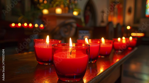 Array of Red Candles Casting a Warm Glow in the Tranquil Ambiance of a Church