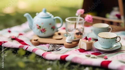 :A charming tea party set spread out on a picnic blanket, complete with tiny cups and saucers for imaginative play