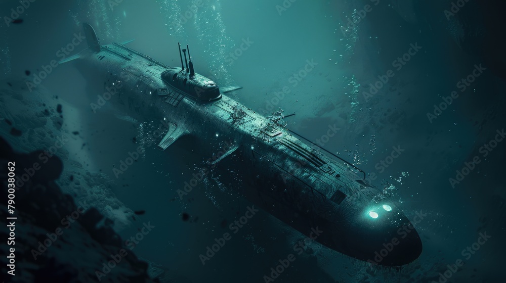 A submarine in the deep ocean, with cinematic lighting. A submarine in the deep ocean, with cinematic lighting.