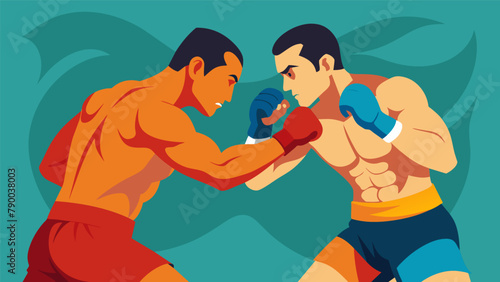 Two Muay Thai fighters in the middle of a clinch their minds sharp and ready to capitalize on any opening.