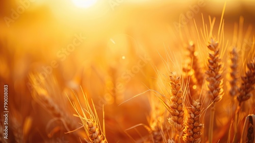 Golden sunset illuminating a wheat field and close up of wheat ears with shallow depth of field capturing the beauty of a golden yellow wheat field on a summer day with a close up view as a