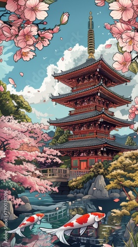 Seasons: A coloring book page featuring blooming cherry blossoms, pagodas, and koi fish