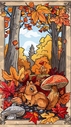 Seasons: A coloring book page featuring a forest scene with colorful leaves, mushrooms, and squirrels