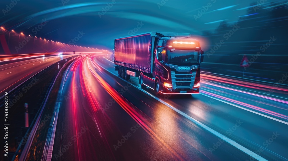 A large truck is driving along the highway at high speed