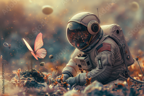 Astronaut on an abstract unknown planet exploring and studying a butterfly