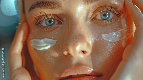 In a spa salon, a beautician applies anti-aging facial cream to a lady client's face in close-up to avoid wrinkles. Skin care, facial cosmetic operations, and the idea of beauty therapy