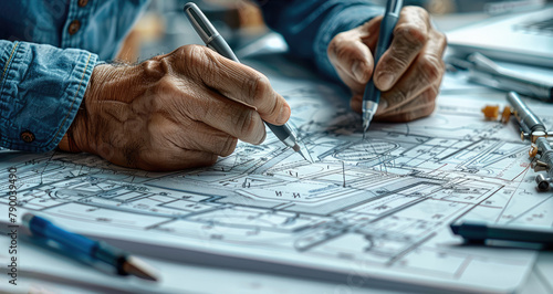 A designer hand holding tools like compasses and acrylic drawing markers, sketch out the layout of an architectural design on blueprints spread across their desk. Generative AI. photo