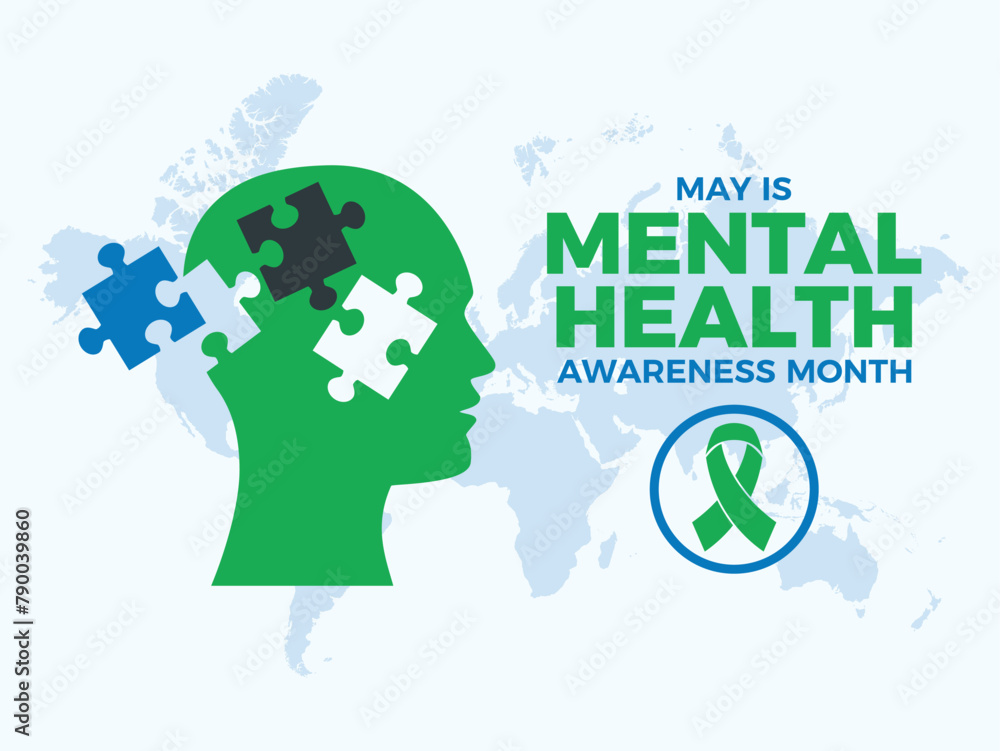 May is Mental Health Awareness Month poster vector illustration. Human head with jigsaw puzzle pieces icon vector. Mental illness symbol. Template for background, banner, card. Important day May is Mental Health Awareness Month poster vector illustration. Human head with jigsaw puzzle pieces icon vector. Mental illness symbol. Template for background, banner, card. Important day