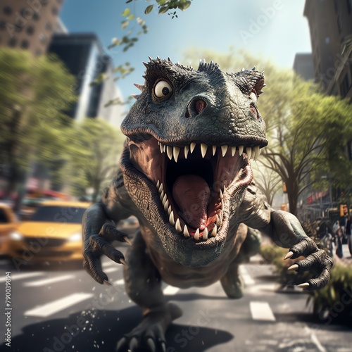 A team of timetraveling paleontologists accidentally brought a baby TRex to the present day, causing a hilarious chase through a bustling city park photo
