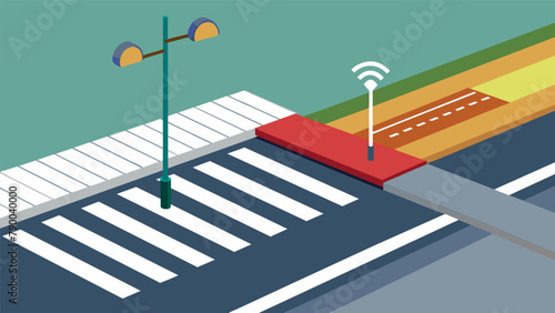 A sidewalk with curb s tactile paving and audible signals at crosswalks to aid individuals who use mobility devices or have visual or auditory