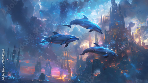 Sorcerer s Technological Mastery Guides Dolphins in Futuristic Aquatic Realm photo