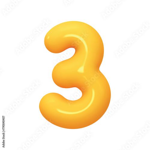 Number 3. Three Number sign yellow color. Realistic 3d design in cartoon balloon style. Isolated on white background. vector illustration