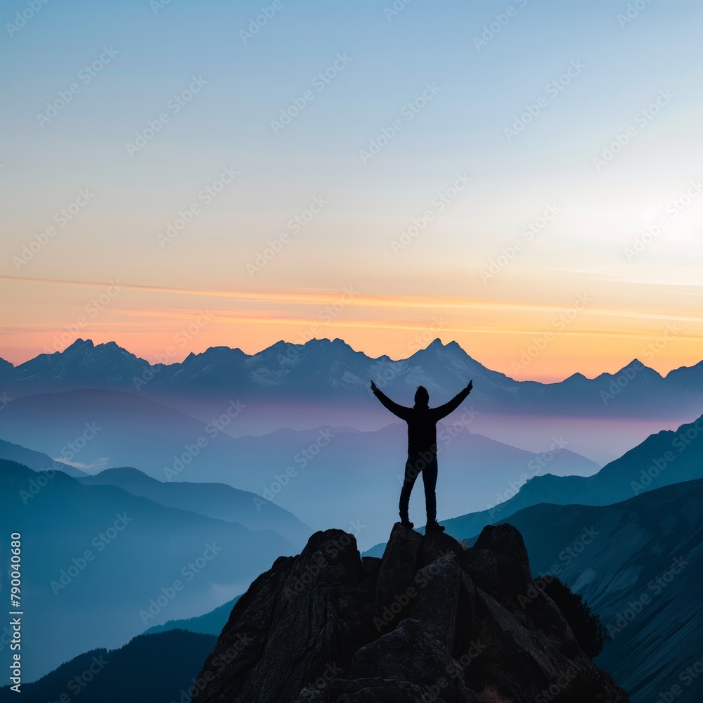 A person's silhouette stands with arms raised on a mountaintop against a vibrant sunrise backdrop.