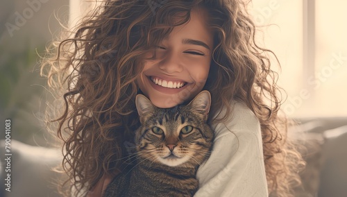 A beautiful young woman with curly hair smiles and hugs her cat