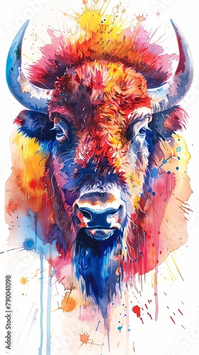 Colorful watercolor vertical design of bison bead portrait