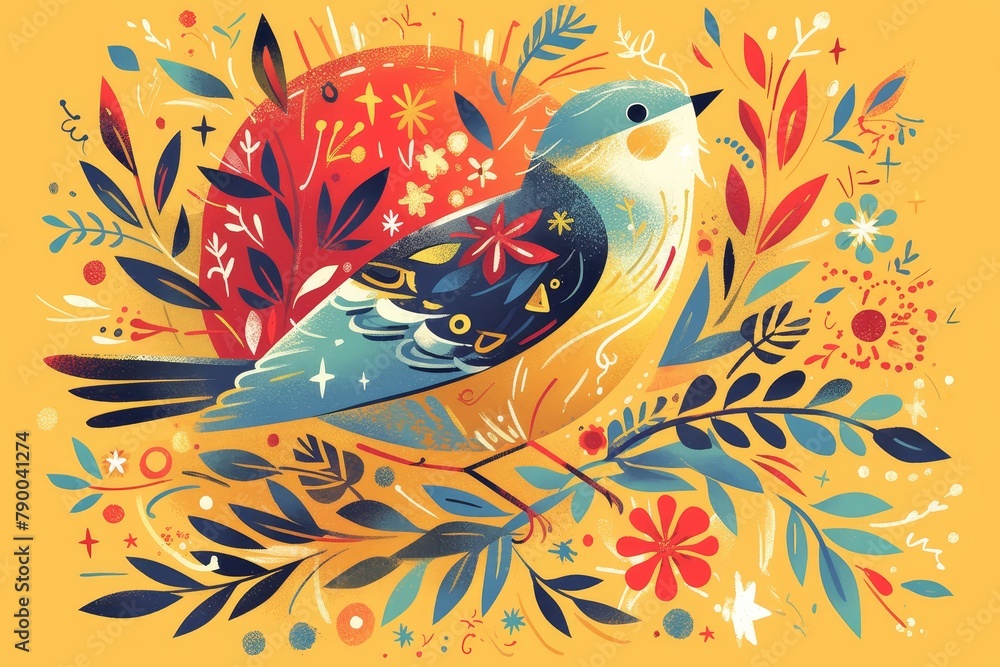 A bird in the style, with colorful floral patterns and leaves