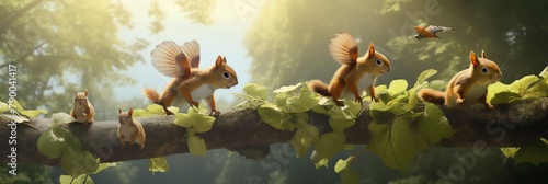 In a bid to understand the concept of flight, a team of squirrels, outfitted with wings fashioned from leaves and feathers, leaped from a tall tree, recording their mostly unsuccessful attempts at gli photo