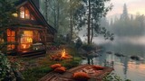 Cozy Forest Cabin by the Lake Ambience with Campfire, Relaxing Spring, brocade carpet. Generative AI.