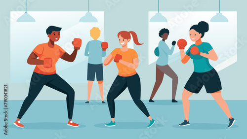 A group of coworkers taking turns holding pads for each other during a cardio kickboxing session in the office gym pushing each other to keep