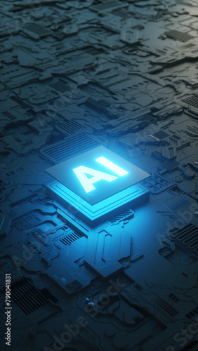 Circuit board and AI micro processor, Artificial intelligence. 3d render