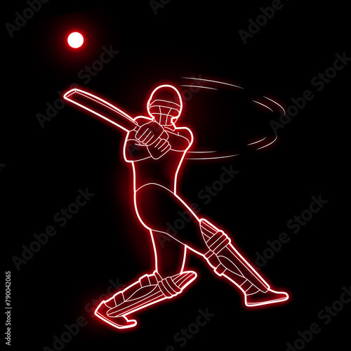 Cricket player neon vector art green, blue, red. Cricket batsman neon art. Cricket Batsman, Neon light effect, full black background. 