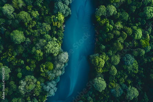 Aerial view of the river in the autumn forest. Drone photography. Generative AI