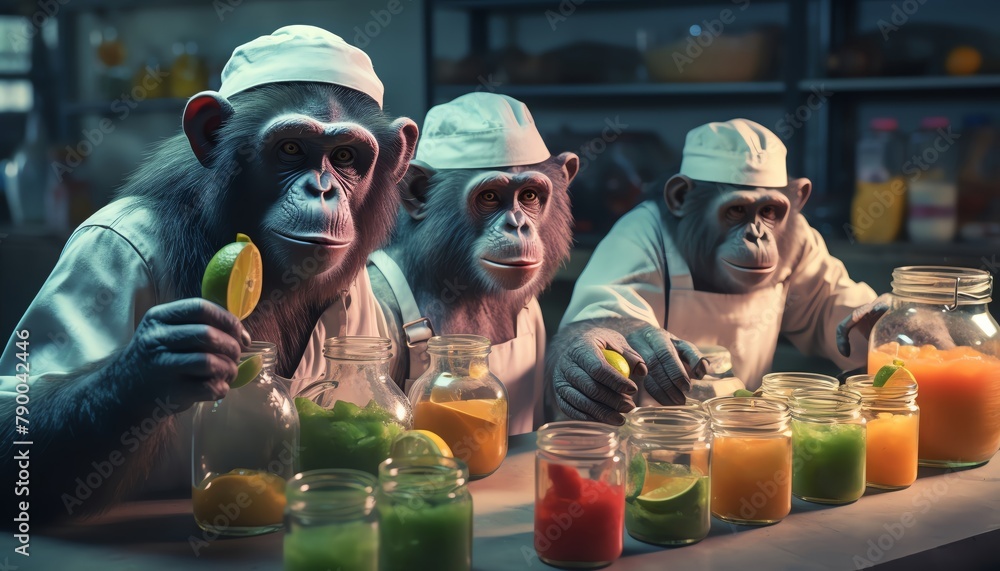 Wearing tiny lab coats and goggles, a team of chimpanzees experimented with different fruit combinations in their jungle laboratory, hoping to create the ultimate smoothie recipe - obrazy, fototapety, plakaty 