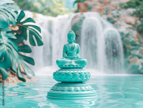 buddha statue on a waterfall zen garden background, spirituality and meditation, peace and love, buddhism philosophy, tradition and teachings photo