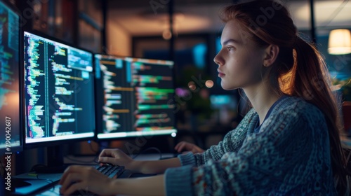 Woman Coding on Multiple Monitors