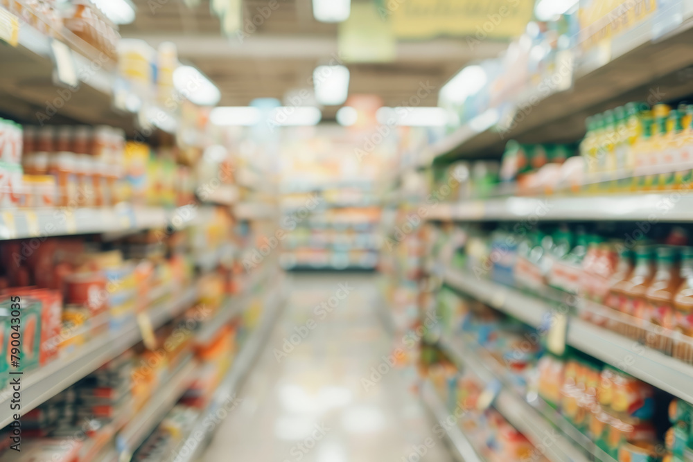 A grocery store with aisles and products all blurred, focusing on the concept of abundance and choice