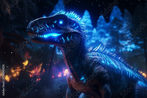 A blue raptor with glowing eyes stands in a dark forest.