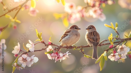 Two birds are sitting on a branch on a spring day