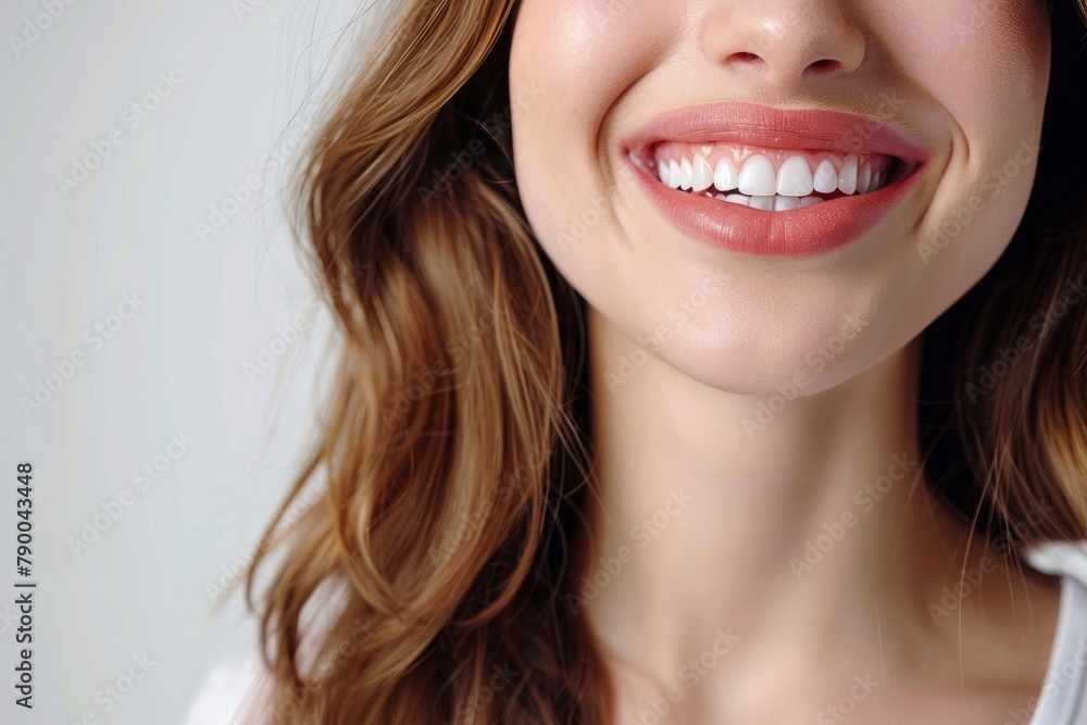 Beautiful smile of young woman with healthy white teeth on white background, Dental care. Dentistry concept - generative ai Beautiful smile of young woman with healthy white teeth on white background, Dental care. Dentistry concept - generative ai