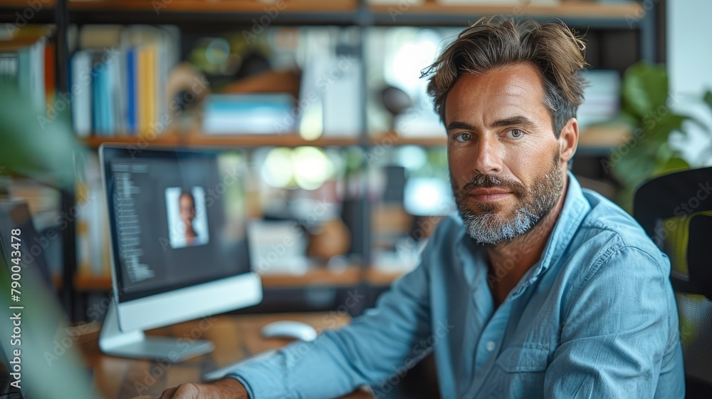 Corporate worker man attending an online class in his office. Generative AI. Corporate worker man attending an online class in his office. Generative AI.