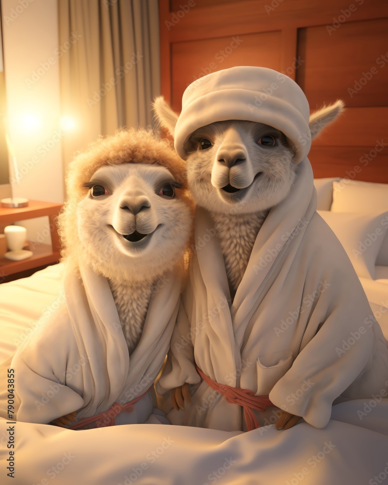 Obraz premium A llama couple wearing bathrobes are sitting on a bed smiling at the camera.