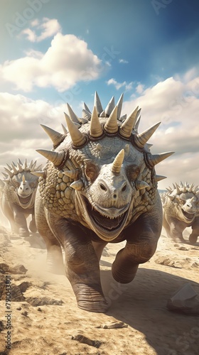 A herd of armored dinosaurs running through a rocky landscape.