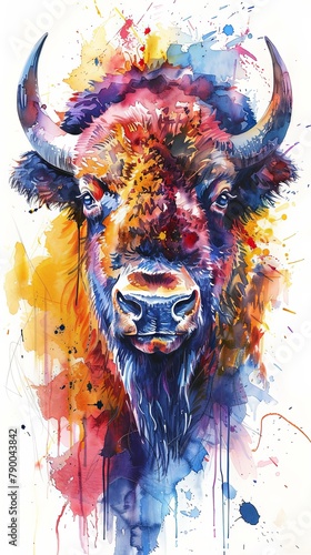 Colorful bison head portrait vertical design in watercolor photo