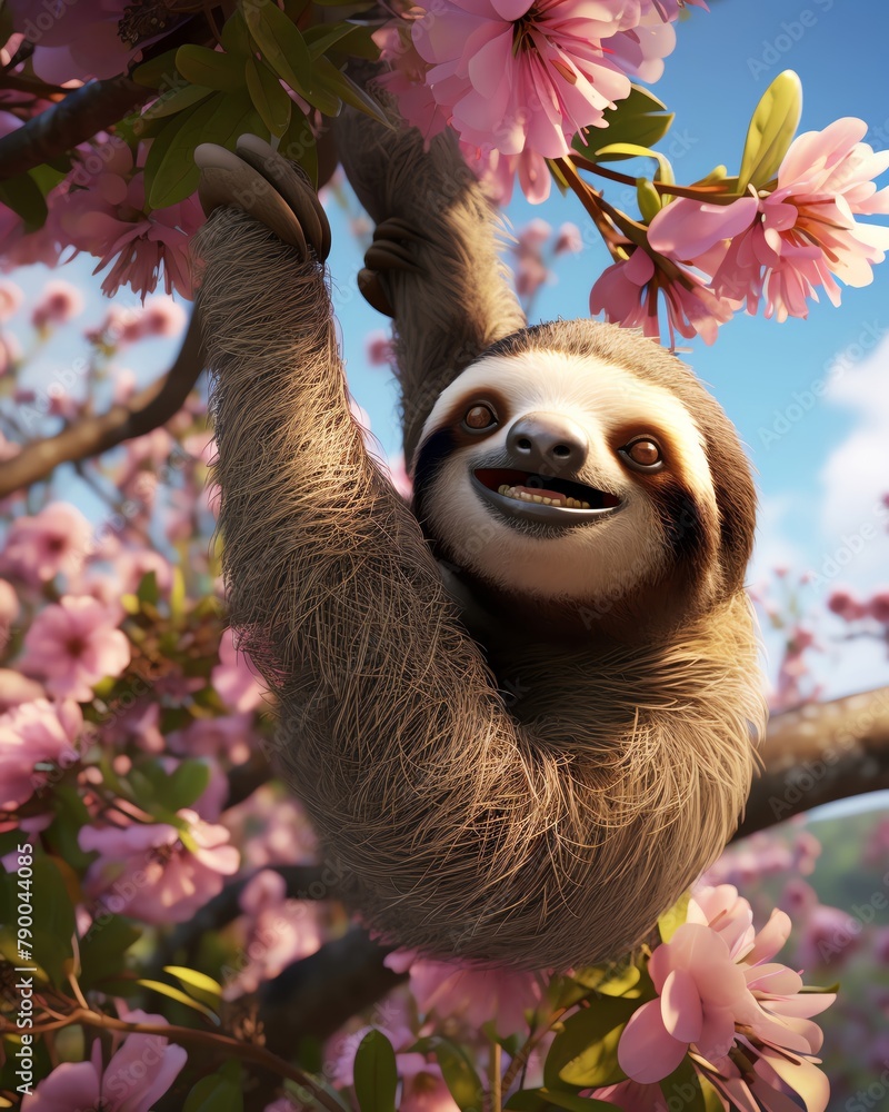 Fototapeta premium A photo of a sloth hanging from a branch of a cherry blossom tree.