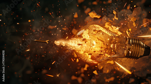 A light bulb is surrounded by a cloud of debris, including bullets. The scene is chaotic and violent, with the light bulb being the only source of order in the destruction