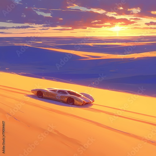 Race Across the Sands: A Vivid Visual of a Futuristic Car Charging Through an Otherworldly Desert Landscape at Sunset