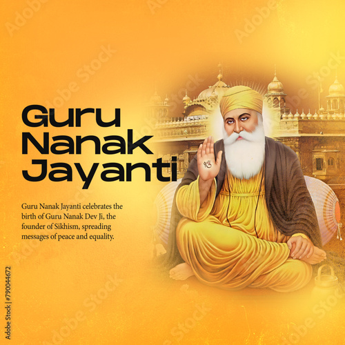 An illustration celebrating Guru Nanak Jayanti, featuring Guru Nanak and the Golden Temple. Honoring the birth and teachings of the Sikh Guru.