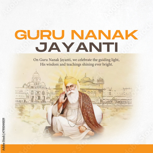 An illustration for Guru Nanak Jayanti featuring Guru Nanak and the Golden Temple. Celebrating the birth and teachings of Guru Nanak.